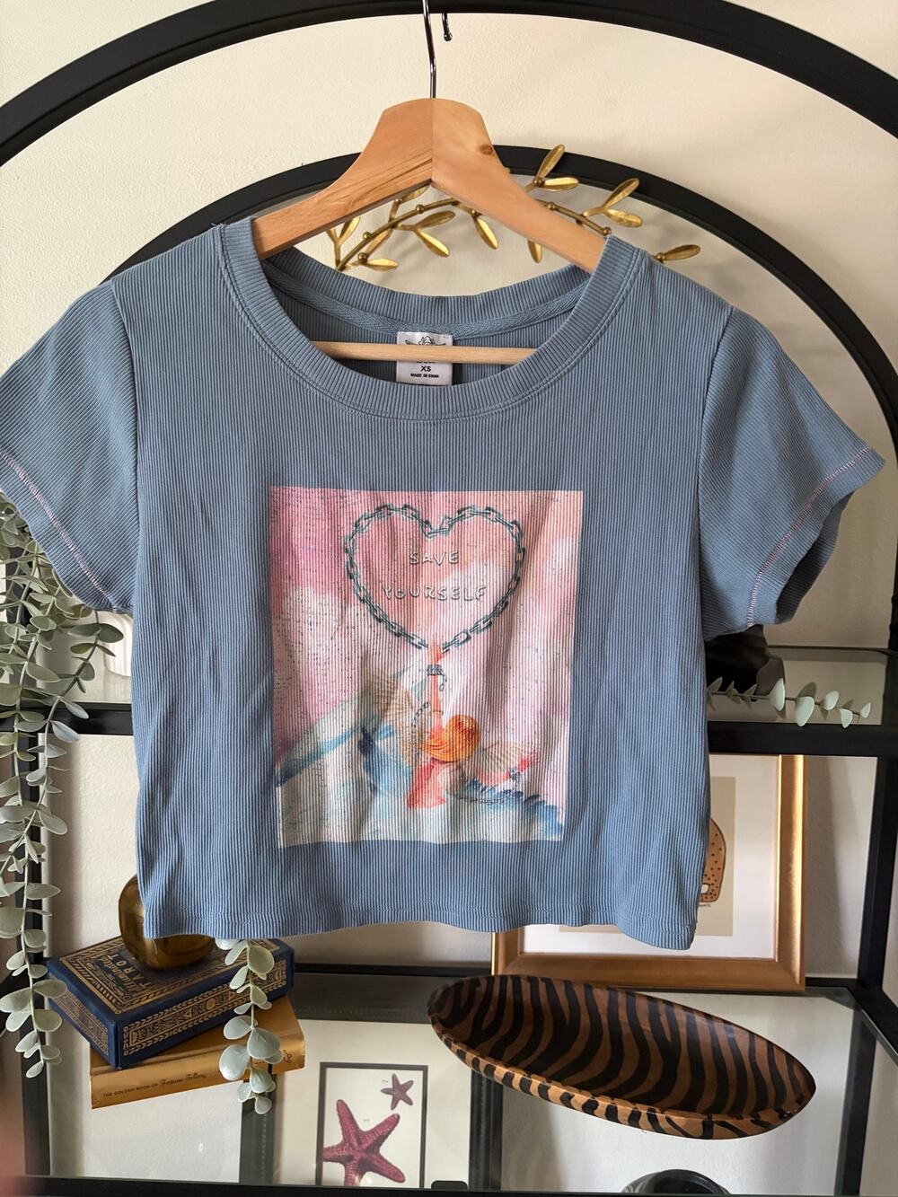 BOYS LIE Save Yourself Graphic Ribbed Baby Tee Crop Top Blue XS Angel Y2K
